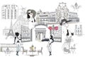 Series of backgrounds with french architecture decorated with flowers, beautiful girls in Paris and street cafes.